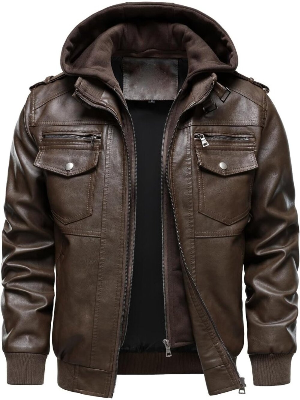 Men’s Coffee Windproof Removable Hood Multi-Pockets Turn Down Collar Jackets